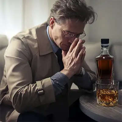 A man in front of a whisky bottle holding his head.