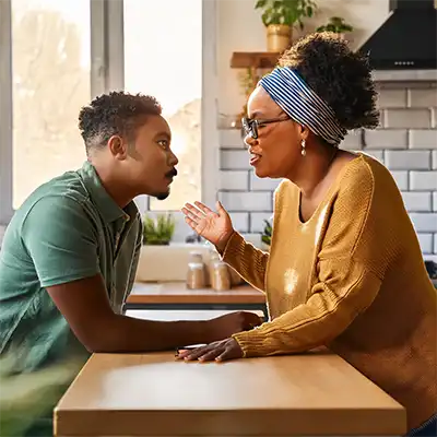 Mother and son talking rehab.